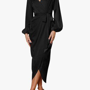 Maxi Satin Puff Sleeve Wrap V Neck Ruched Belted Long Formal Cocktail Dress